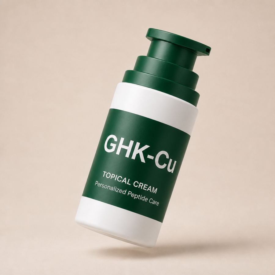 GHK-Cu cream bottle with forest green accents