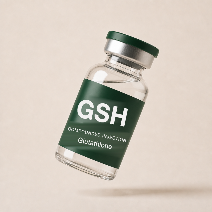 Glutathione glass vial with forest green label