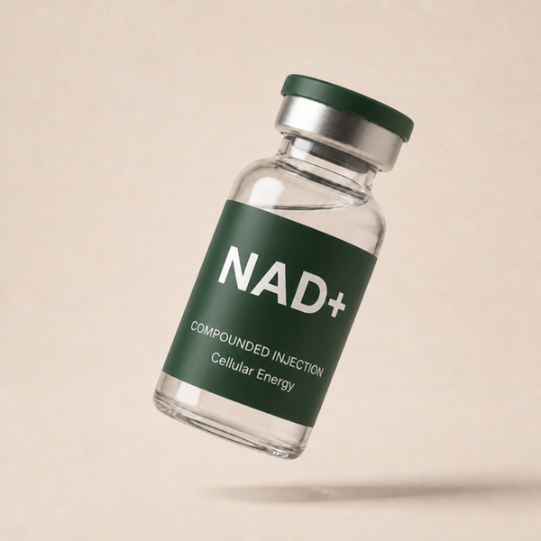 NAD+ glass vial with forest green label