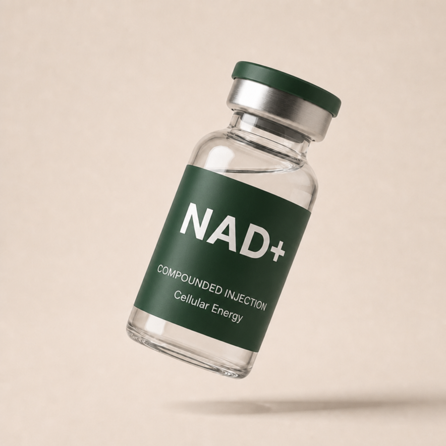 NAD+ glass vial with forest green label