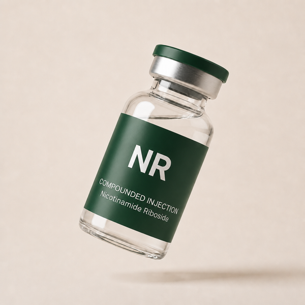 NR glass vial with forest green label