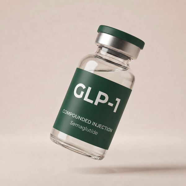 Semaglutide glass vial with forest green label