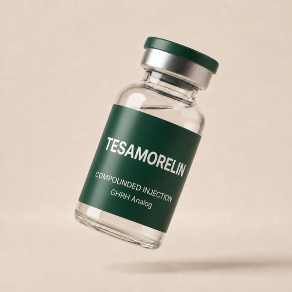 Tesamorelin glass vial with forest green label