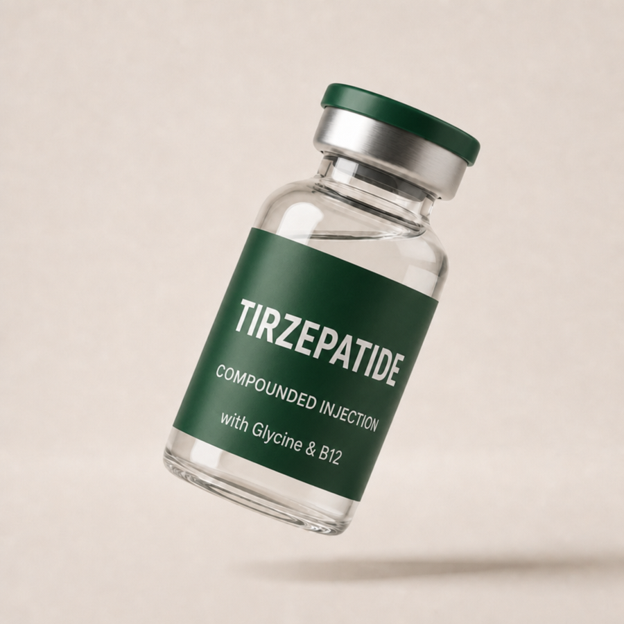 Tirzepatide glass vial with forest green label